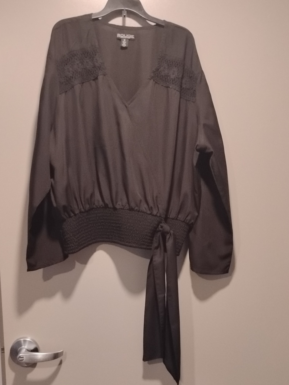 Rouge! Black V-Neck Smocked-Waist Blouse with Tie